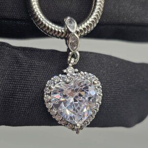 SILVER 925 BIG CLEAR CZ HEART DANGLE CHARM